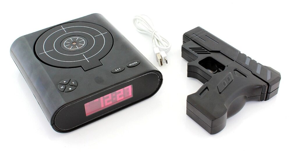 ceas desteptator cu oprire alarma cu pistol infrarosu afisaj lcd negru 1