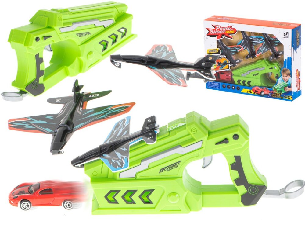 pistol de jucarie cu lansator de avioane si masinute gonga 1