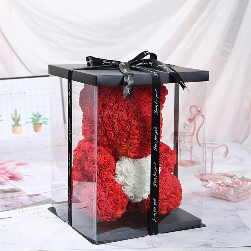 ursulet din trandafiri in cutie 25 cm alb cu rosu gonga 5